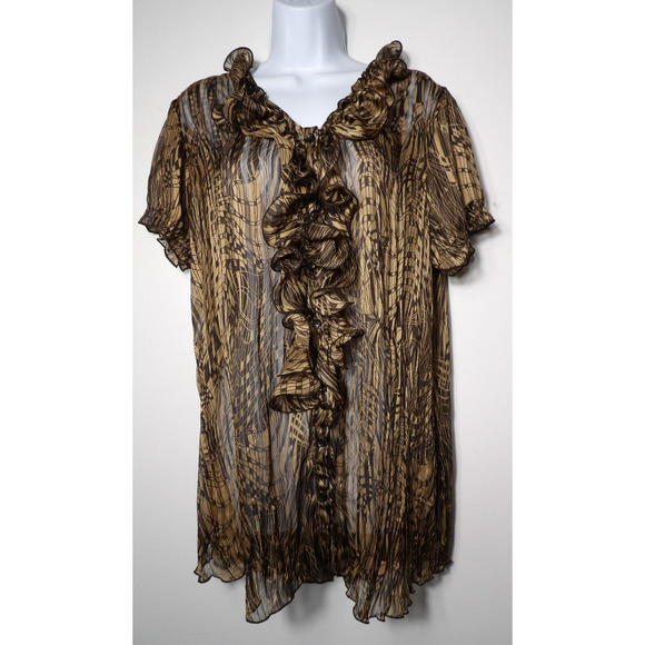 Jaipur Sheer Blouse Sz XL Ruffle Button Up Brown Black Career Casual Y2K 90s - Picture 1 of 12